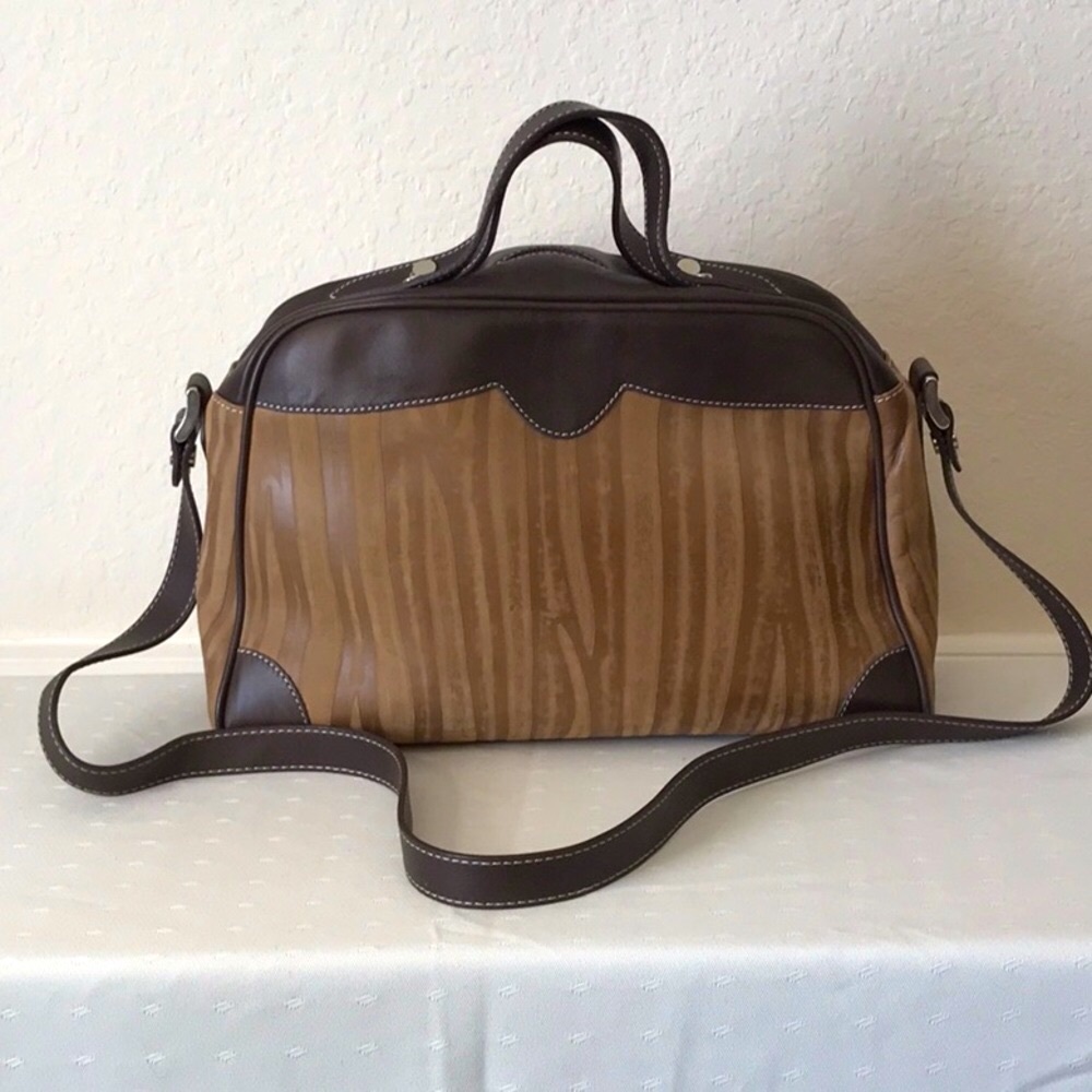 SAPAF Brown Leather Textured Handbag with Animal Print interior